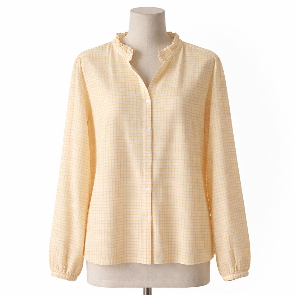Gingham Ruffle Neck Button Shirt Size L Petite Yellow 100% Cotton Preppy Cottage